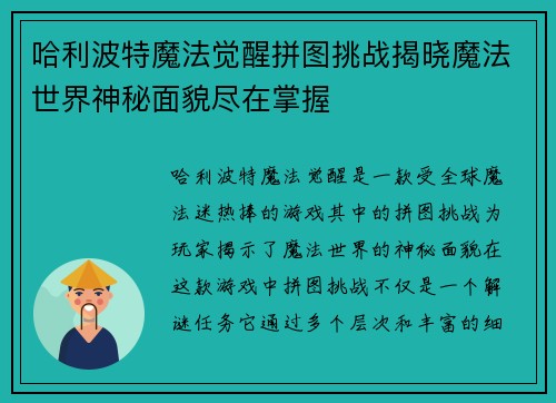 哈利波特魔法觉醒拼图挑战揭晓魔法世界神秘面貌尽在掌握