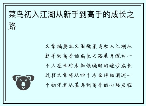 菜鸟初入江湖从新手到高手的成长之路